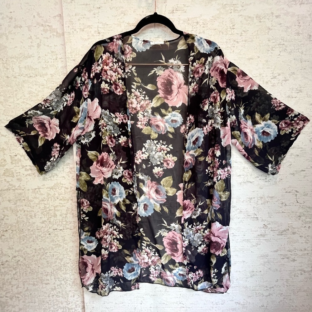 Les Amis Sheer Floral Kimono Cover-Up Robe Sz M Made in USA Beach Vacation Pool